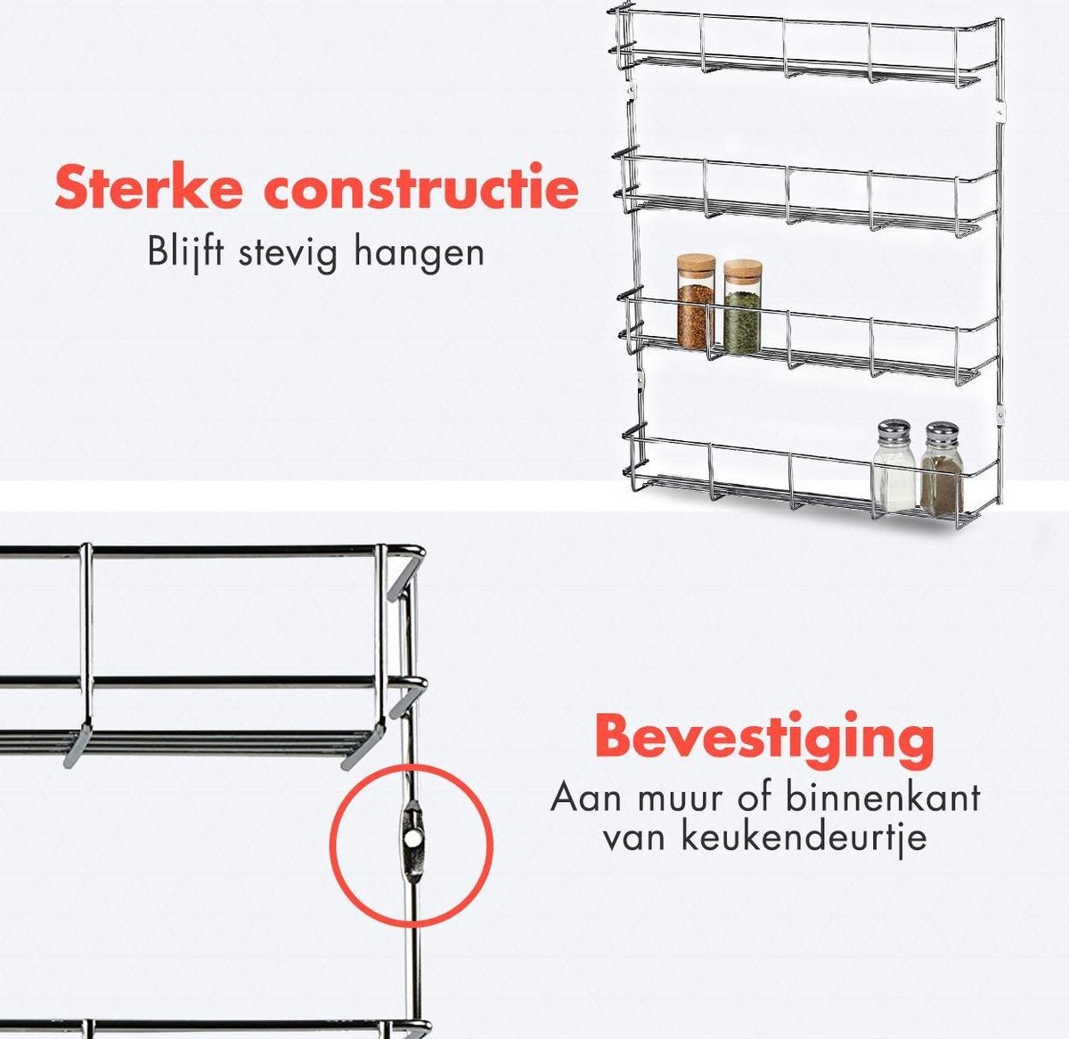KitchenBrothers Hängendes Gewürzregal für 32 Gewürzdosen - Gewürzregal - Küchenregal - Gewürzorganisator - Gewürzaufbewahrung - 4 Schichten - 40 x 6,3 x 50 cm - Edelstahl