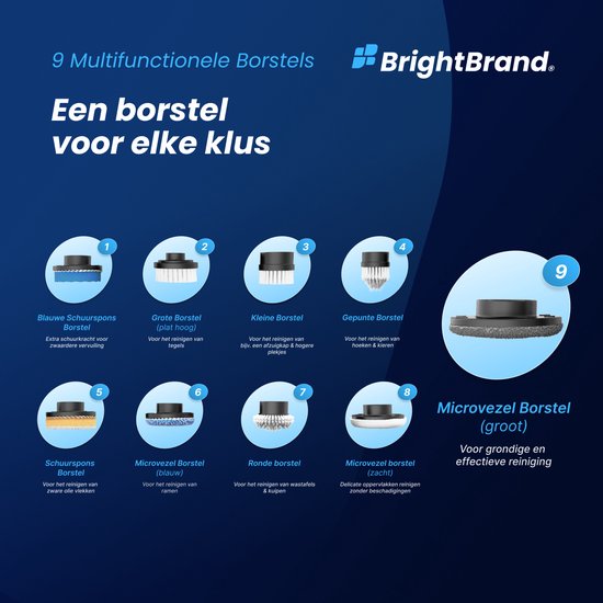 Brightbrand PowerScrub Pro - Elektrische Reinigungsbürste - Schrubber - Für Bad und Küche - Reiniger - Schrubber mit Griff - Abzieher - Polierer - Polierer mit 10 Aufsätzen
