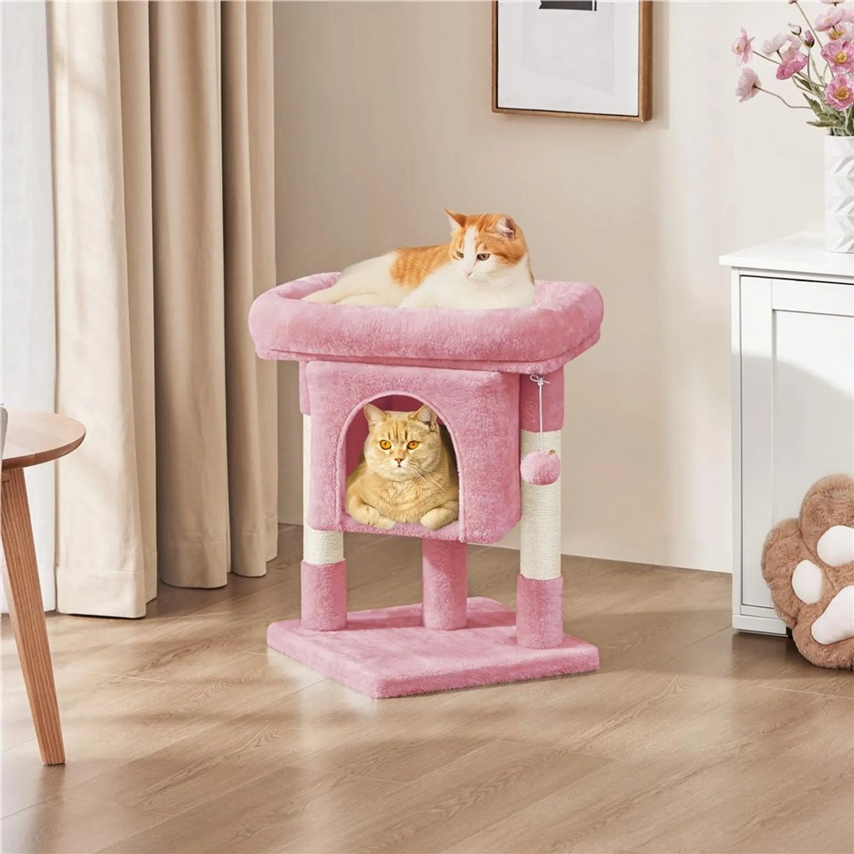 Yaheetech Kratzbaum mit Hängematte - ausgestattet mit gemütlicher Katzenhöhle und zwei Sisalpfosten und weichem Liegeplatz - für Kätzchen und kleine Katzen - hellrosa Plüsch und Sisal - 40,5 x 40,5 x 59 cm
