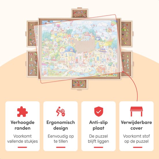 Drehbares Puzzlebrett mit Aufbewahrungssystem - 6 Schubladen - 1500 Teile - Holz - Puzzletisch - Puzzlebrett - Puzzlemappe - Puzzleteller - inkl. Schutzhülle - Puzzle - Matte - Koffer - Sortierschalen