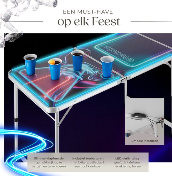 tectake® Bier-Pong-Tisch - Mit Partydekoration - LED-Beleuchtung - Bier-Pong-Tisch höhenverstellbar und klappbar - Trinkspiel mit Zubehör - 100x Plastikbecher, 6x Tischtennisbälle, Kartenspiel mit Karten