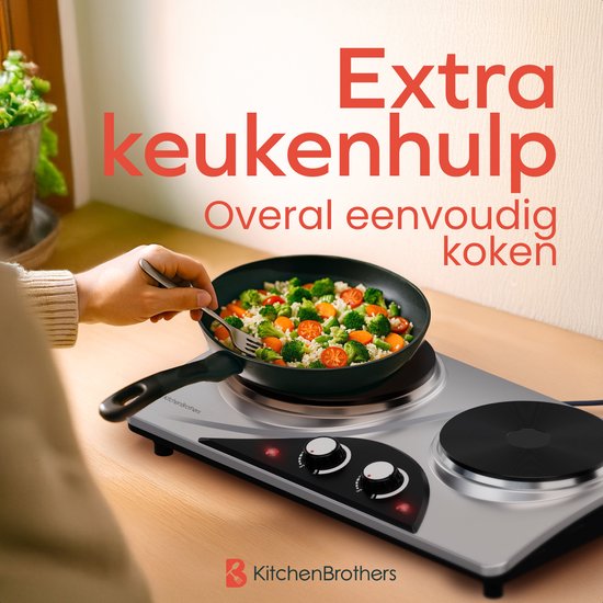 KitchenBrothers Elektrokochfeld - 2 Brenner - Freistehend - 7 Temperaturstufen - 1500W + 1000W - Edelstahl/Schwarz