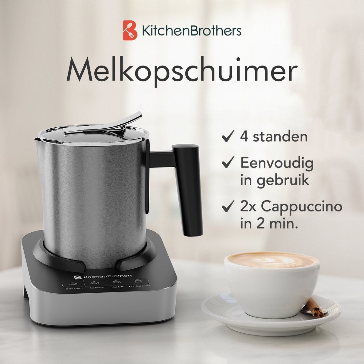 KitchenBrothers - Elektrischer Milchaufschäumer - Spülmaschinengeeignet - 4-in-1 - 400 ML - Edelstahl/Schwarz