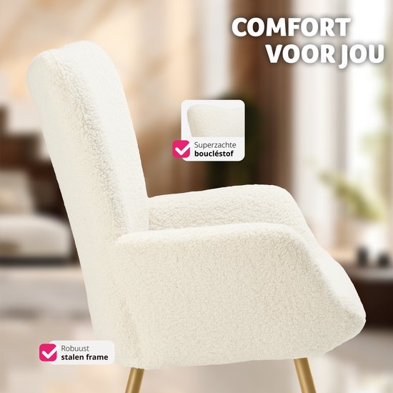 tectake Ohrensessel im skandinavischen Stil - Teddy Chair Hygge - Sessel für Wohnzimmer, Schlafzimmer - Loungesessel - Goldfarbene Metallbeine - Belastbarkeit bis 150 kg - Creme