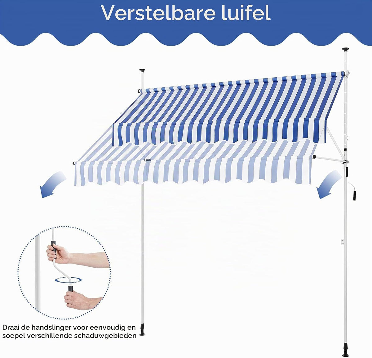 Yaheetech Balkonmarkise – Klemmmarkise mit Handkurbel, 250 cm – höhenverstellbar – blau-weiß