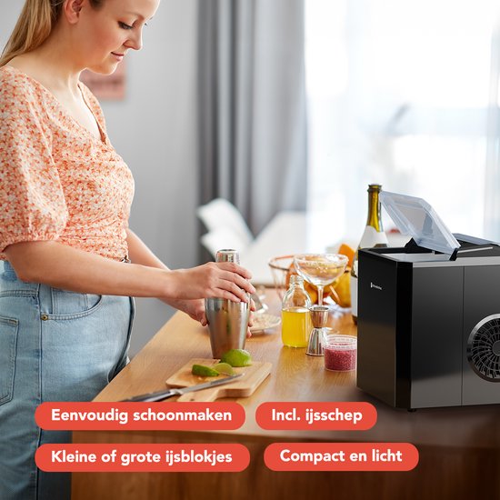 KitchenBrothers Eiswürfelmaschine - 1L - Eiswürfelbereiter mit Eisschaufel - Easy Clean - 9 Würfel in 8 Min. - Schwarz