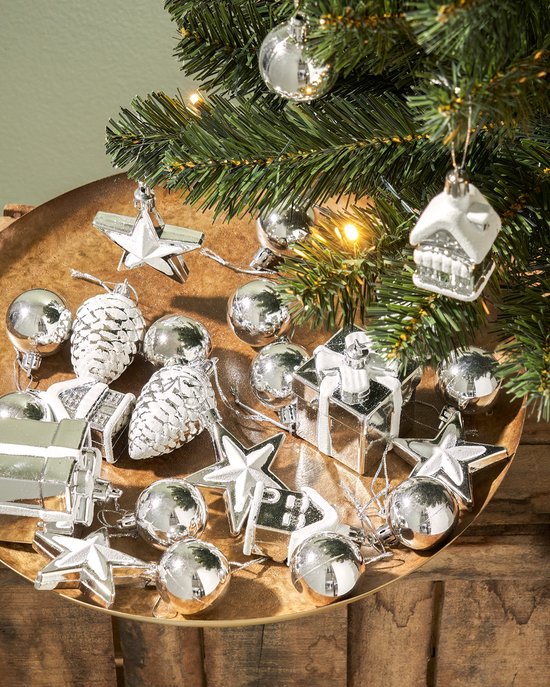 Black Box Trees Joy Kunstweihnachtsbaum – Mit 26 Christbaumkugeln und LED-Beleuchtung – H 90 x Ø 50 cm – Grün und Silber