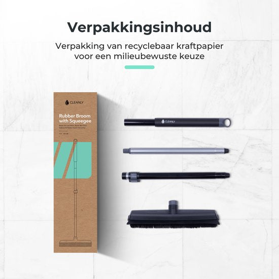 CLEANLY Gummibesen mit Bodenwischer - Barbierbesen - Weicher Besen für drinnen und draußen - Teleskop 114-142 cm - Bürste mit Stiel - Innenbesen - Breite 34 cm - Schwarz, Grau