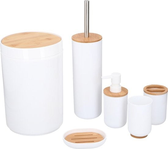 alpina Badezimmerset - Toilettenset - 6-teilig - Seifenspender - Zahnbürstenhalter - Toilettenbürste - Abfalleimer - Seifenschale - Becher - Bambus - Weiß