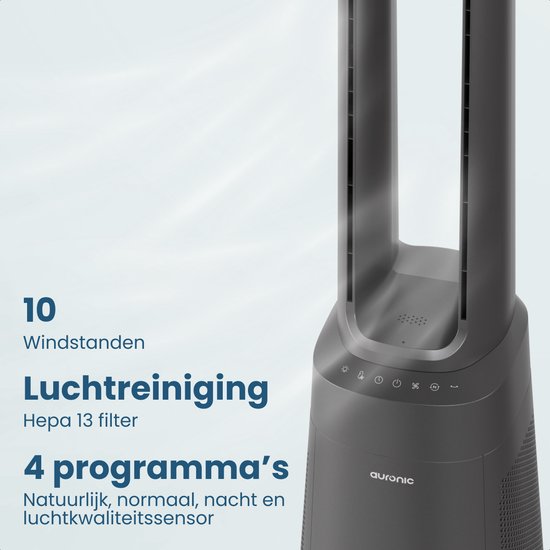 Auronic blattloser Turmventilator mit Luftreiniger – H13 HEPA – 10 Windstufen – Grau