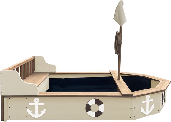 AXI Doris Boot-Sandkasten mit Aufbewahrungsbank, beige – mit Flagge und Holzsteuerrad – inklusive Abdeckplane und Bodenplane – 10 Jahre Garantie!