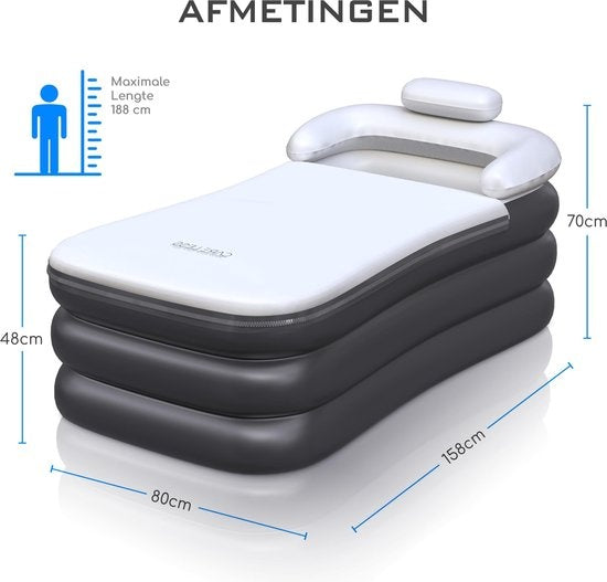 Care Less Aufblasbare Badewanne - Für Erwachsene und Kinder - Inkl. elektrischer Pumpe und Ablassschlauch - 158x80x42 cm - Schwarz/Weiß