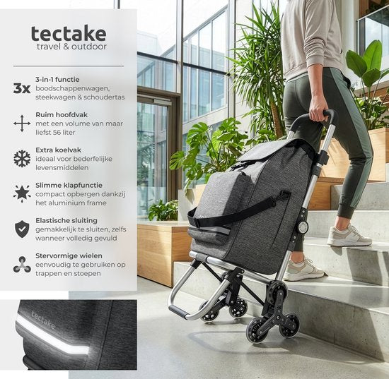 tectake® 3-in-1-Einkaufswagen mit Kühlfach – 4 treppenfähige Räder – zusammenklappbar – 56 l Fassungsvermögen – Einkaufswagen – Einkaufswagen - Auch als Sackkarre und Einkaufstasche verwendbar – Mit Schlüsselanhänger und Einkaufswagenmünze