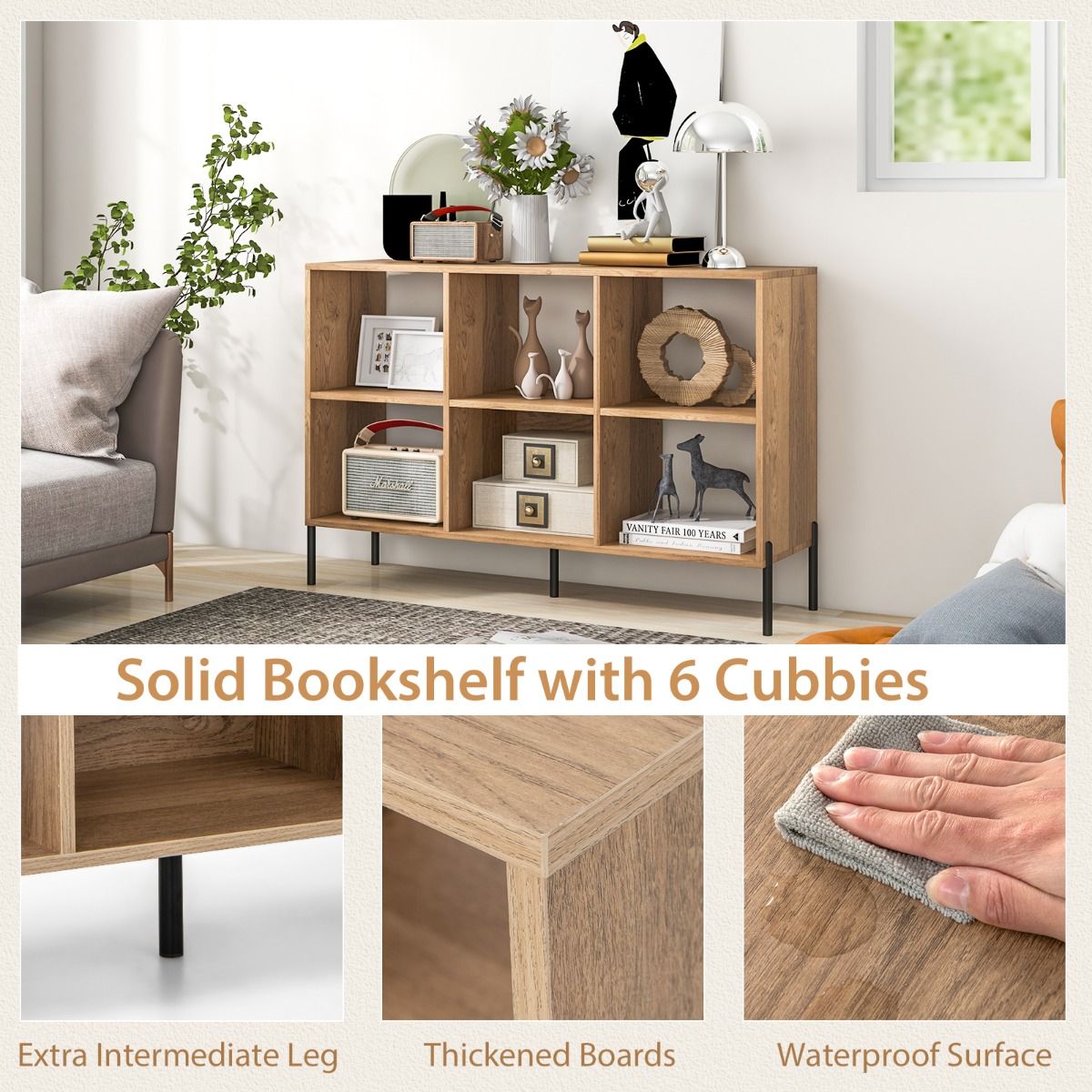 Coast Bücherregal – 6 Fächer – 2 Ebenen – verstellbare Einlegeböden – weiß/natur