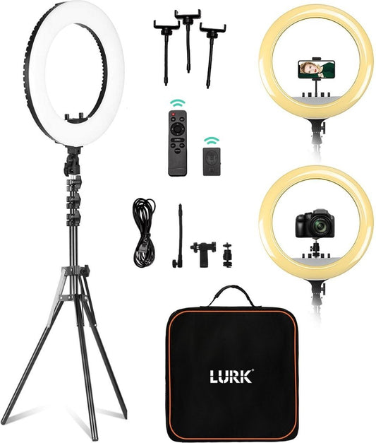 LURKÂ® Ringleuchten-Set PRO 18 Zoll - Verstellbares Stativ & Fernbedienung - LED - Geeignet für Smartphone und (Action-)Kamera