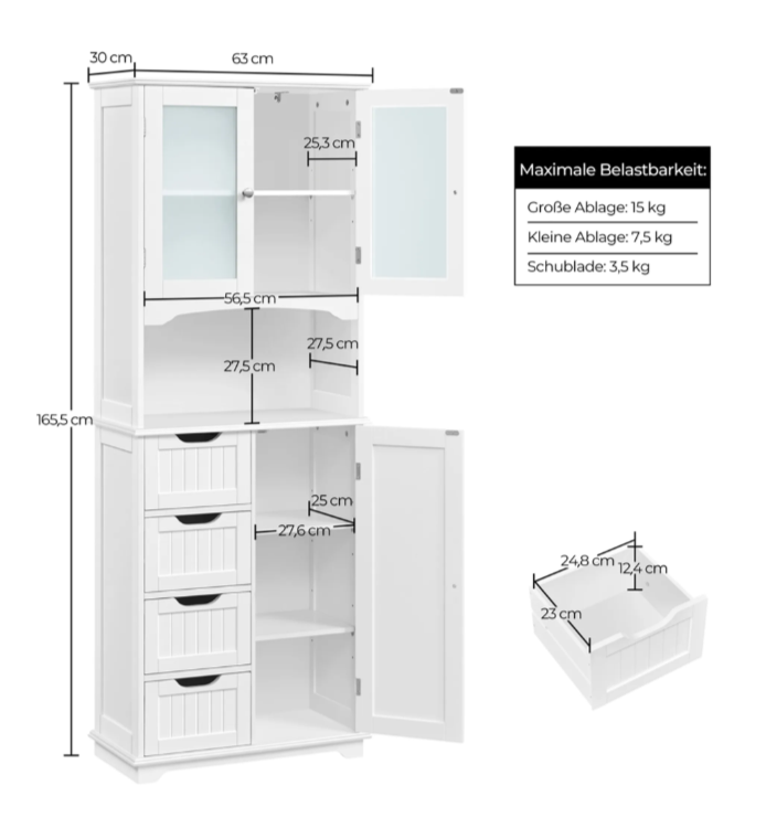 Yaheetech Badezimmerschrank – Weiß – 63 x 30 x 165,5 cm – Glastüren, 4 Schubladen, verstellbare Einlegeböden