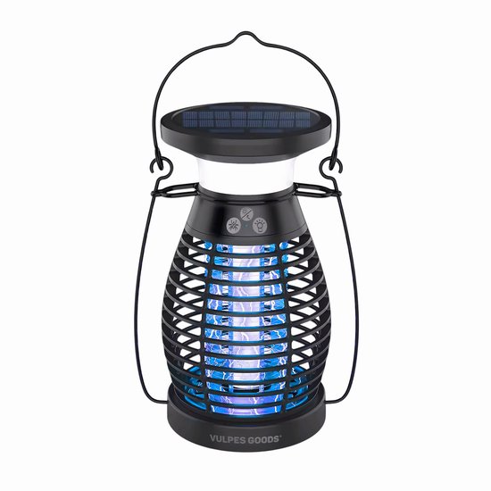 Vulpes Goods® Repellent Mückenlampe PRO - Elektrischer Insektenvernichter - UV-Modus & Nachtlicht - Aufhängbar - Wiederaufladbar & Solar - Wasserdicht - Inkl. Auffangschale & Reinigungsbürste