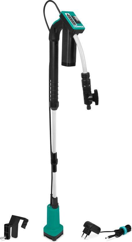 VONROC Regenfasspumpe 12V mit Akku - 50W - 1500 lt/h - mit Trockenlaufschutz - Universal-Gartenschlauchanschluss - inklusive Akku und Ladegerät