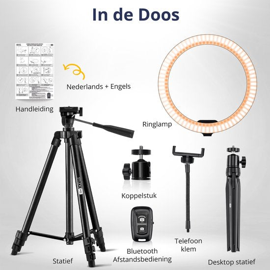 Studio ME Ringlicht mit Stativ 10 Zoll - Schwarz - Ringlicht - 30 Lichtmodi - Inkl. Fernbedienung & Mini-Stativ - Ringlicht - Ringlampen