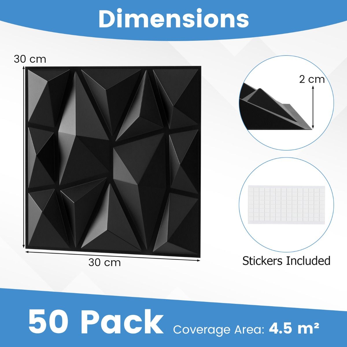 Coast 3D-Wandpaneele – Rautenmuster – selbstklebend – schwarz 30 x 30 cm, 50 Stück