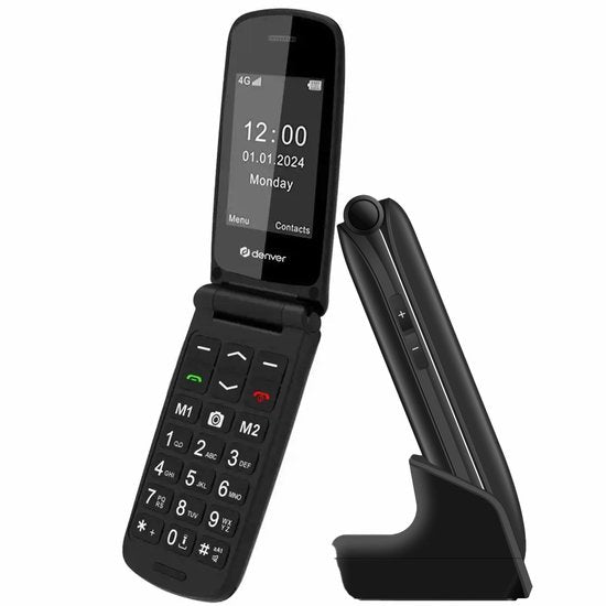 Denver Senioren-Handy 4G – Große Tasten – SOS-Taste – Ohne Smartphone aufwachsen – Ladestation – GSM – Bluetooth – FM-Radio – Vollständig auf Niederländisch und Französisch – Modell 2026 – BAS24800L
