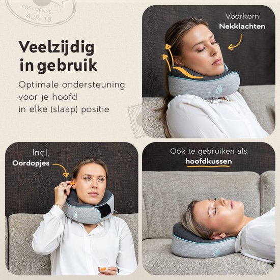 TRAVARA Nackenkissen - Reisekissen - Für Flugzeug - Auto - Memory Foam - Mit Ohrstöpseln - Grau