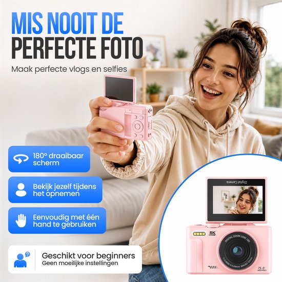 Strex Digitalkamera 5K 75 MP – Fotokamera – Kompaktkamera mit WLAN – Vlog-Kamera – Fotokamera für Kinder – 18-facher Zoom – schwenkbares Display – Rosa
