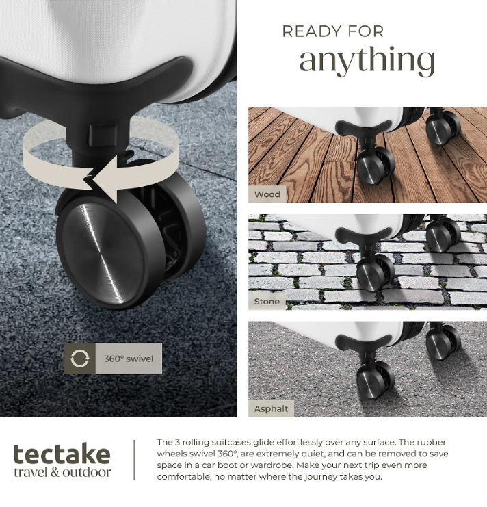 tectake Brice Kofferset, 3-teilig – L, M & S – ABS – 360°-Rollen – TSA-Schloss – Weiß