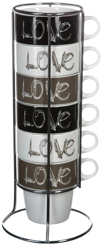 Secret de Gourmet Kaffeetassen/Becher „Love“ – 6 Stück im Metallständer – Keramik – glänzende Oberfläche – 260 ml – 8 x 9 cm