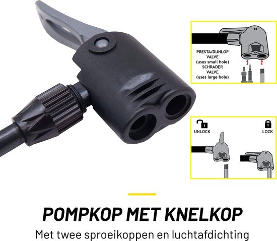 Dunlop Fahrradpumpe mit Manometer - Fahrradpumpe für Dunlop, Schrader und französische Ventile - Standpumpe inkl. Adapter für Wasserspielzeug und Bälle