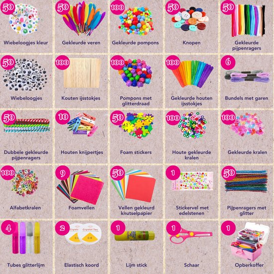 Vaive Bastelkoffer 1432-teilig - Crafting Girls - Perlen, Federn, Pompons & Wackelaugen - Bastelset - Bastelbedarf - Bastelpackungen