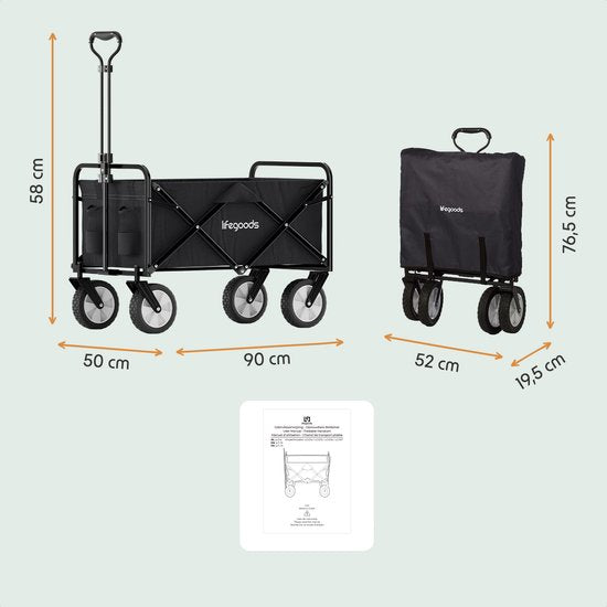 LifeGoods Klappbarer Handwagen – 94 l – 70 kg Tragkraft – 90 x 50 x 58 cm – Schwenkbare Räder – Klappbarer Handwagen mit waschbarer Abdeckung – Schwarz