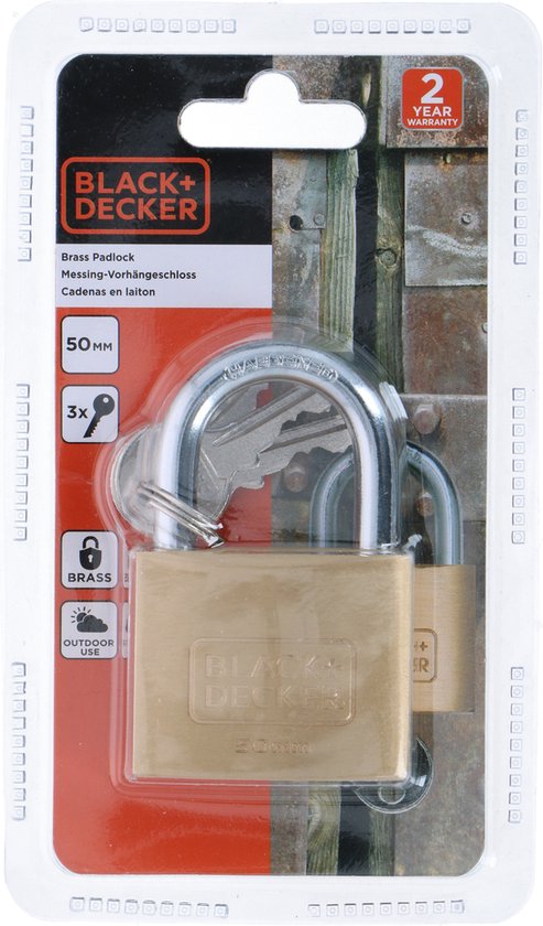 BLACK+DECKER Vorhängeschloss mit Schlüssel - 50mm - Inkl. 3 Schlüssel - Massivmessingschloss