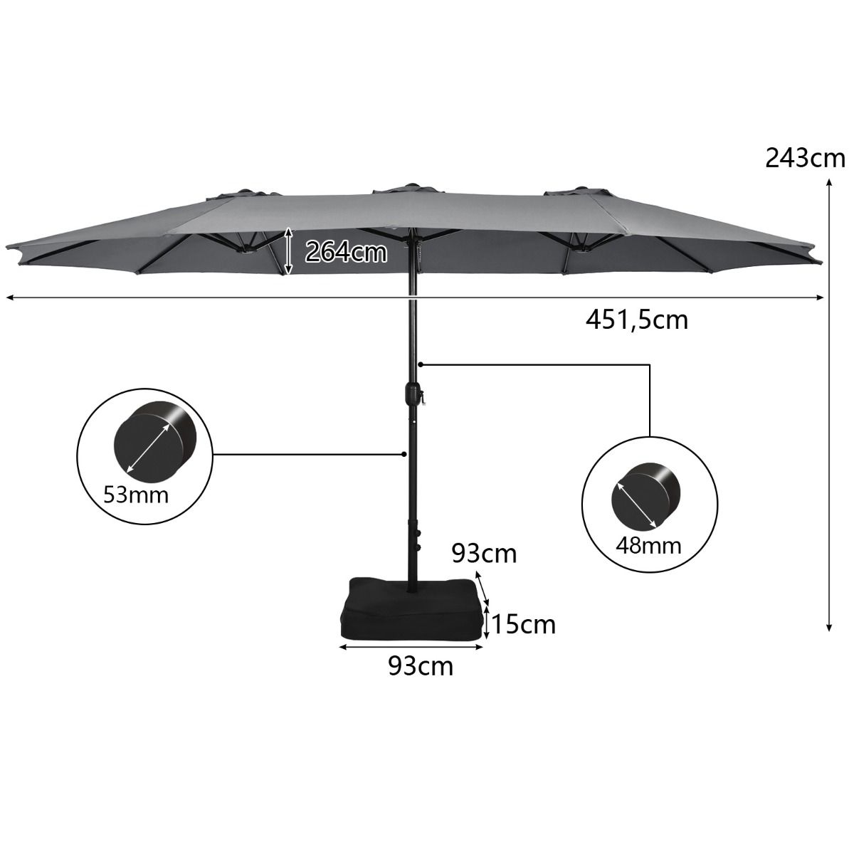 Coast Doppel-Sonnenschirm mit Ständer – besonders große Schattenfläche – stabiler Metallfuß – grau 451,5 x 264 cm