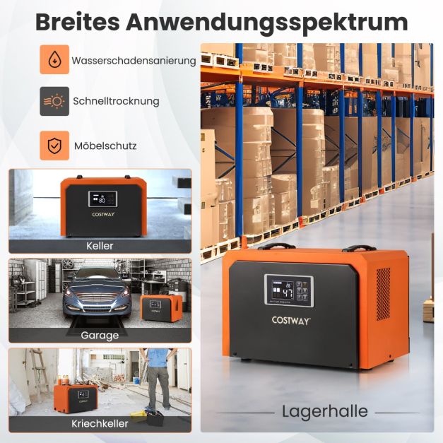 Coast Construction Dryer Orange - Industrieller Luftentfeuchter 60L pro Tag mit Ablassschlauch und 24-Stunden-Timer - 49 x 31,5 x 32 cm