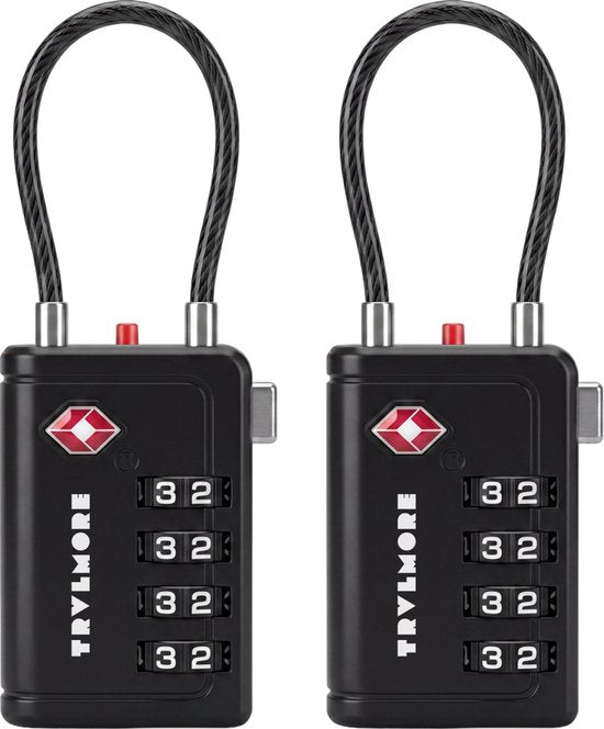 TRVLMORE Kofferschloss mit Kabel – TSA-zertifiziert – Alarmfunktion – 4-stellig – 2 Stück – Schwarz