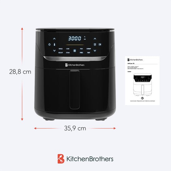 KitchenBrothers Airfryer XL - 5L - 1500W - Heißluftfritteuse - 80ºC bis 200ºC - 8 Kochprogramme - Schwarz
