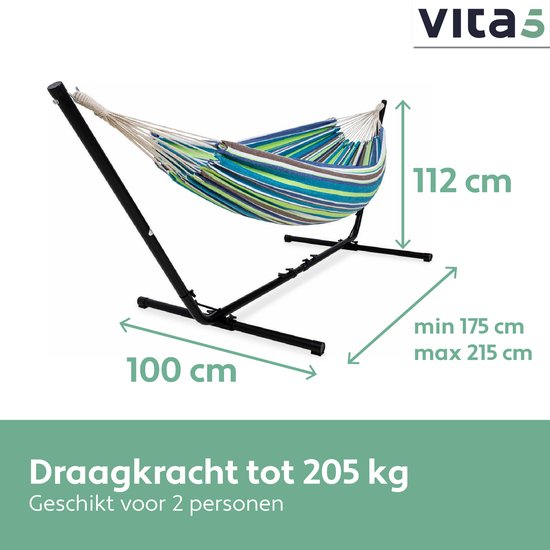 Vita5 - Hängematte - mit Ständer - 2 Personen - bis zu 205 kg - inkl. Tragetasche - Blau/Grün