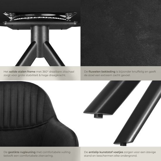 tectake® Velvet swivel chair - Bürostuhl - Esszimmerstuhl mit Armlehnen - Velvet office chair, kitchen chair, living room chair - 56 x 59 x 81 cm - Schwarz/Schwarz