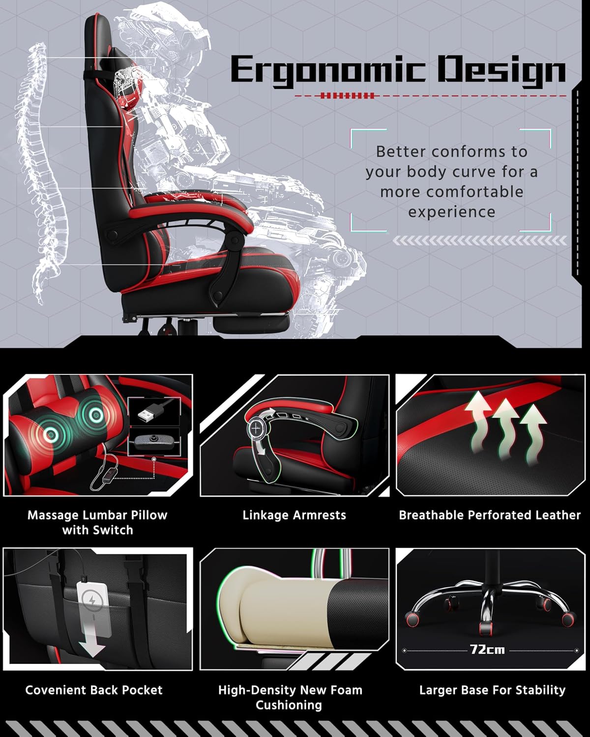 Yaheetech ergonomischer Gaming-Stuhl – Fußstütze und Massagekissen – Schwarz/Rot