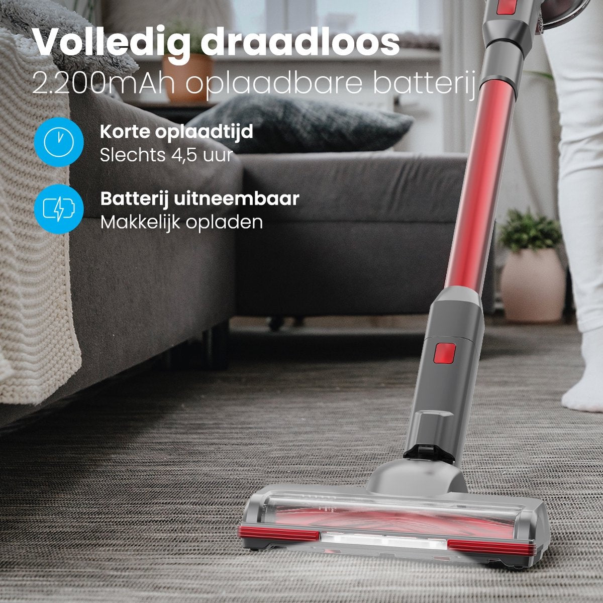Auronic - Kabelloser Staubsauger 220W - Grau/Rot