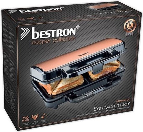 Bestron Sandwichtoaster – ASM90XLCO – 900 W – Für 2 Sandwiches – Antihaftbeschichtung – Kupfer – 5 Jahre Garantie