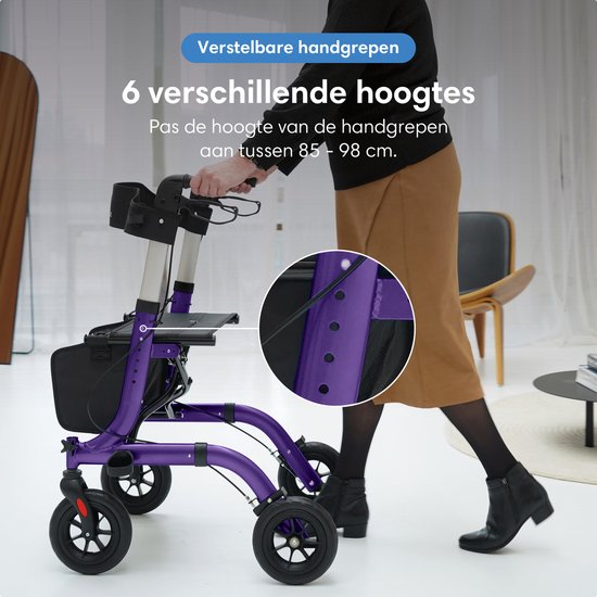 Safe Age® Rollator, leicht und zusammenklappbar – Gummiräder – Sitzfunktion – für drinnen und draußen – Rückenlehne und Gehstockhalterung – Lila