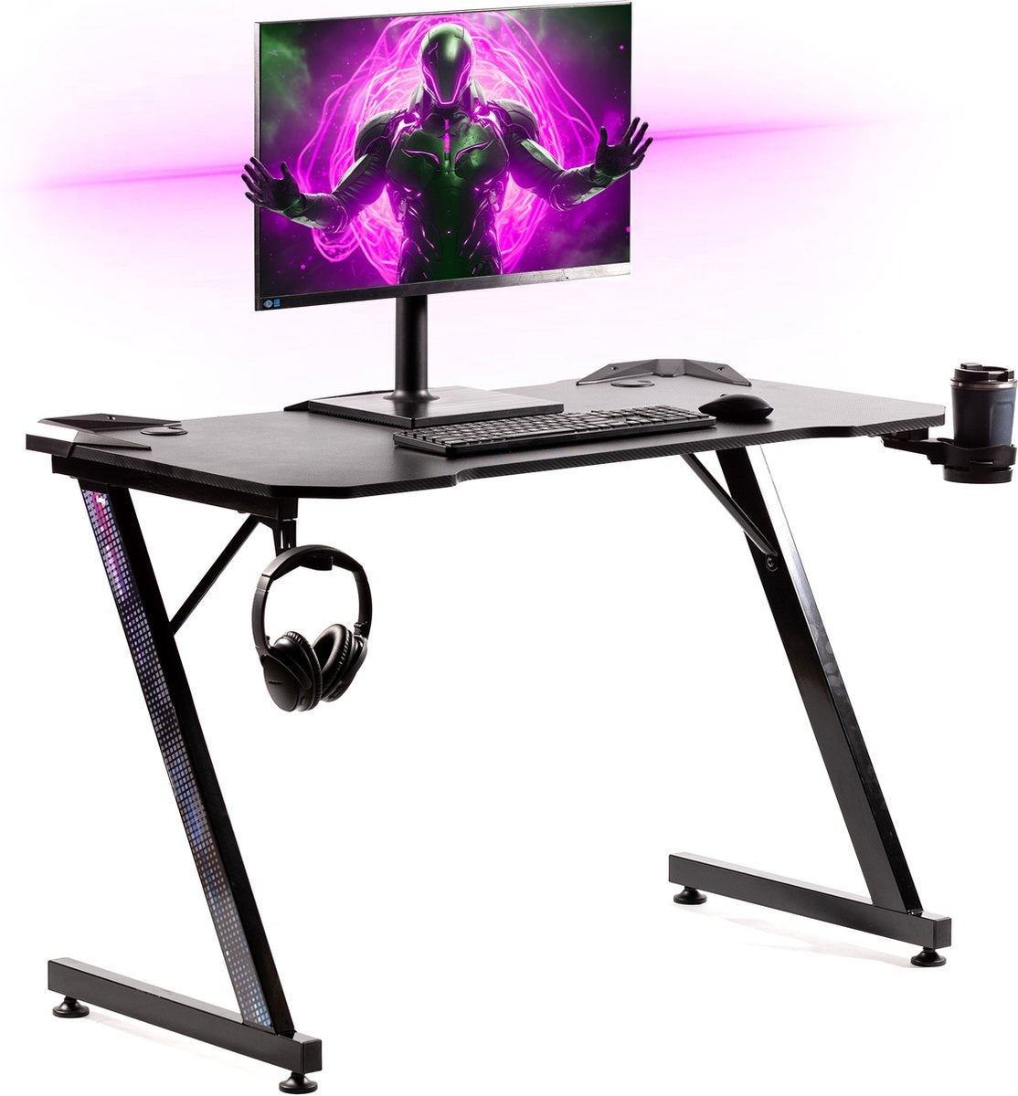 Gadgy Game Desk Carbon - Gaming Desk 110 CM Wide - Gaming Desk mit Carbon Details - Gaming Tisch mit Kopfhörerhalter, Tassenhalter & Kabeltunnel - Level Up Gaming mit Gadgy - Black Carbon