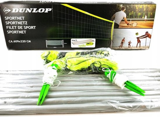 Dunlop Sports Net 609 x 220 CM - Volleyballnetz - Tennisnetz - Badmintonnetz - Komplettset mit Schlägern, Netz, Bodennägeln und Spannseilen - Multifunktional einsetzbar - Grün/Schwarz