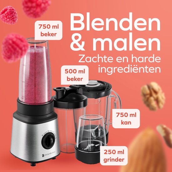 KitchenBrothers Blender - Komplettset - 2x 750ml Schüssel - Zerkleinerer - Stampfer - To-Go Becher - Edelstahl