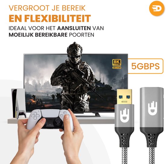 Drivv. Premium USB-Verlängerungskabel 3.0 – Stecker auf Buchse – USB-Datenkabel – Schnelle Datenübertragung – 5 Gbit/s – Nylon – 3 Meter – Grau