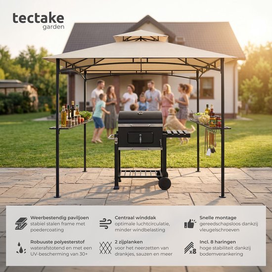 tectake® Grillpavillon – Grillüberdachung – 240 x 150 x 250 cm - Gartenpavillon – wetterfest – UV-Schutz – Doppeldachsystem – Pavillon mit Aufhängehaken, Grillrosten und Flaschenöffner – Grillpavillon – sandfarben