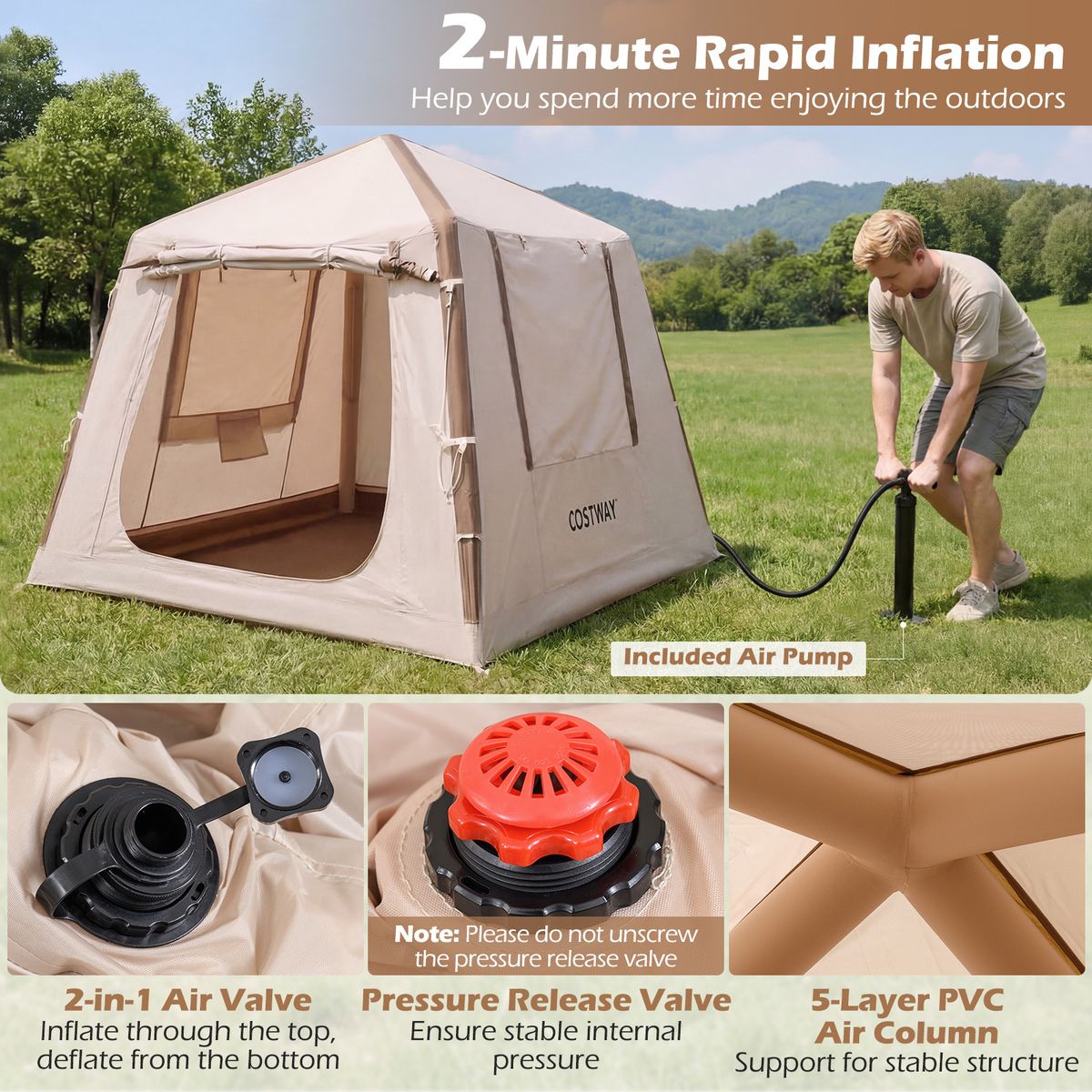 Coast Aufblasbares Campingzelt – 2 bis 4 Personen – Inklusive Pumpe und Tragetasche – Khaki – 210 x 210 x 180 cm