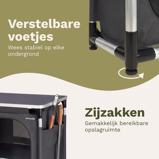 TRVLMORE Camping-Schrank – Campingküche – 70 kg Tragkraft – Aluminiumrahmen – zusammenklappbar – inkl. Tragetasche – 50 x 60 x 72 cm – grau